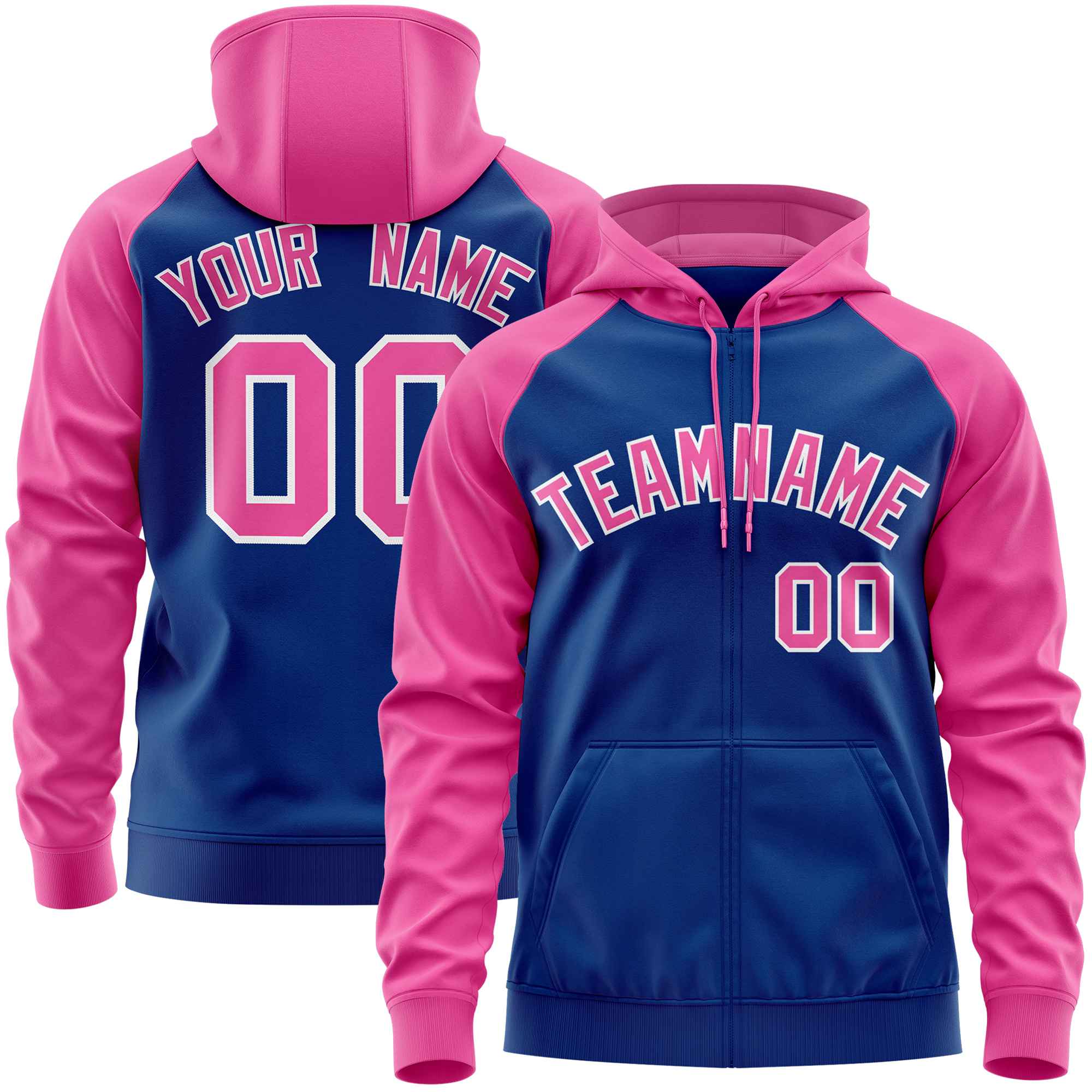 Custom Stitched Royal Pink Raglan Sleeves Sports Full-Zip Sweatshirt Hoodie