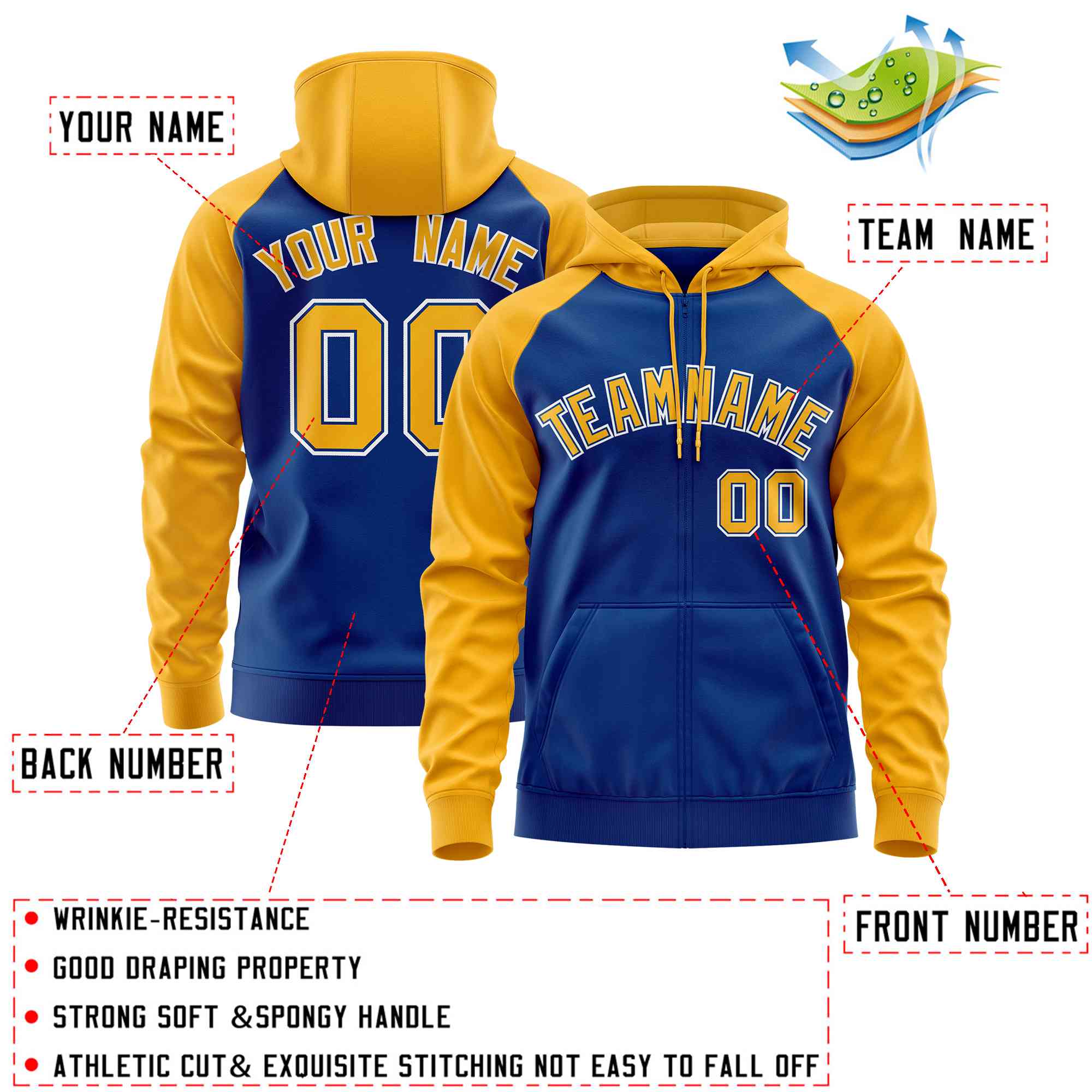 Custom Stitched Royal Gold Raglan Sleeves Sports Full-Zip Sweatshirt Hoodie