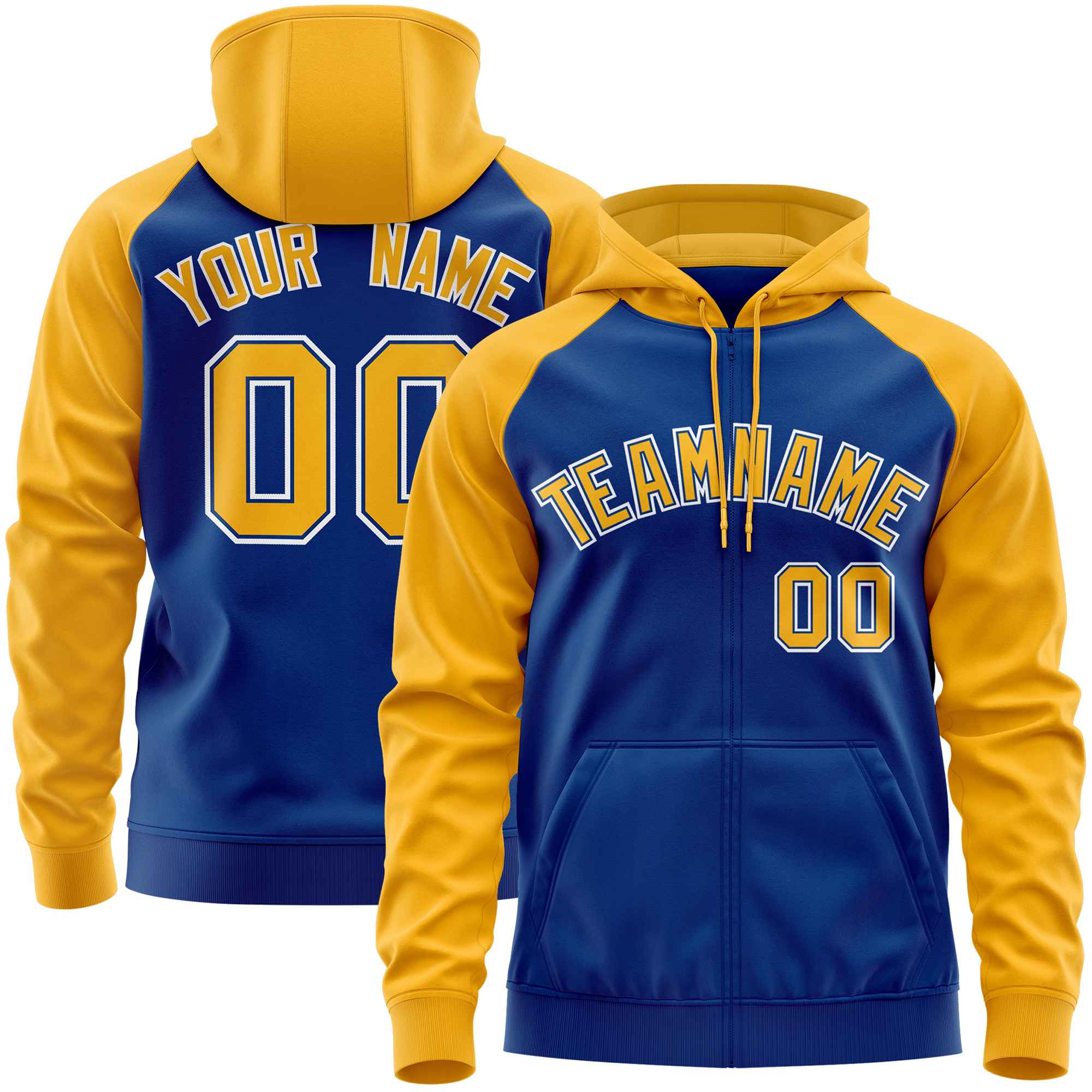 Custom Stitched Royal Gold Raglan Sleeves Sports Full-Zip Sweatshirt Hoodie