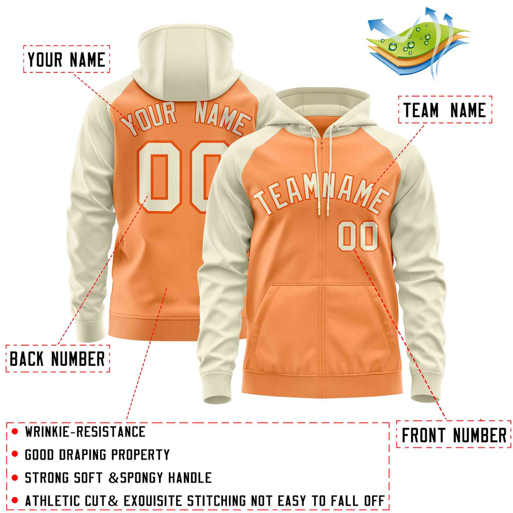 Custom Stitched Light Orange Cream Raglan Sleeves Sports Full-Zip Sweatshirt Hoodie