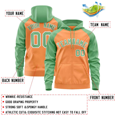 Custom Stitched Light Orange Green Raglan Sleeves Sports Full-Zip Sweatshirt Hoodie
