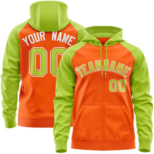 Custom Stitched Orange Neon Green Raglan Sleeves Sports Full-Zip Sweatshirt Hoodie