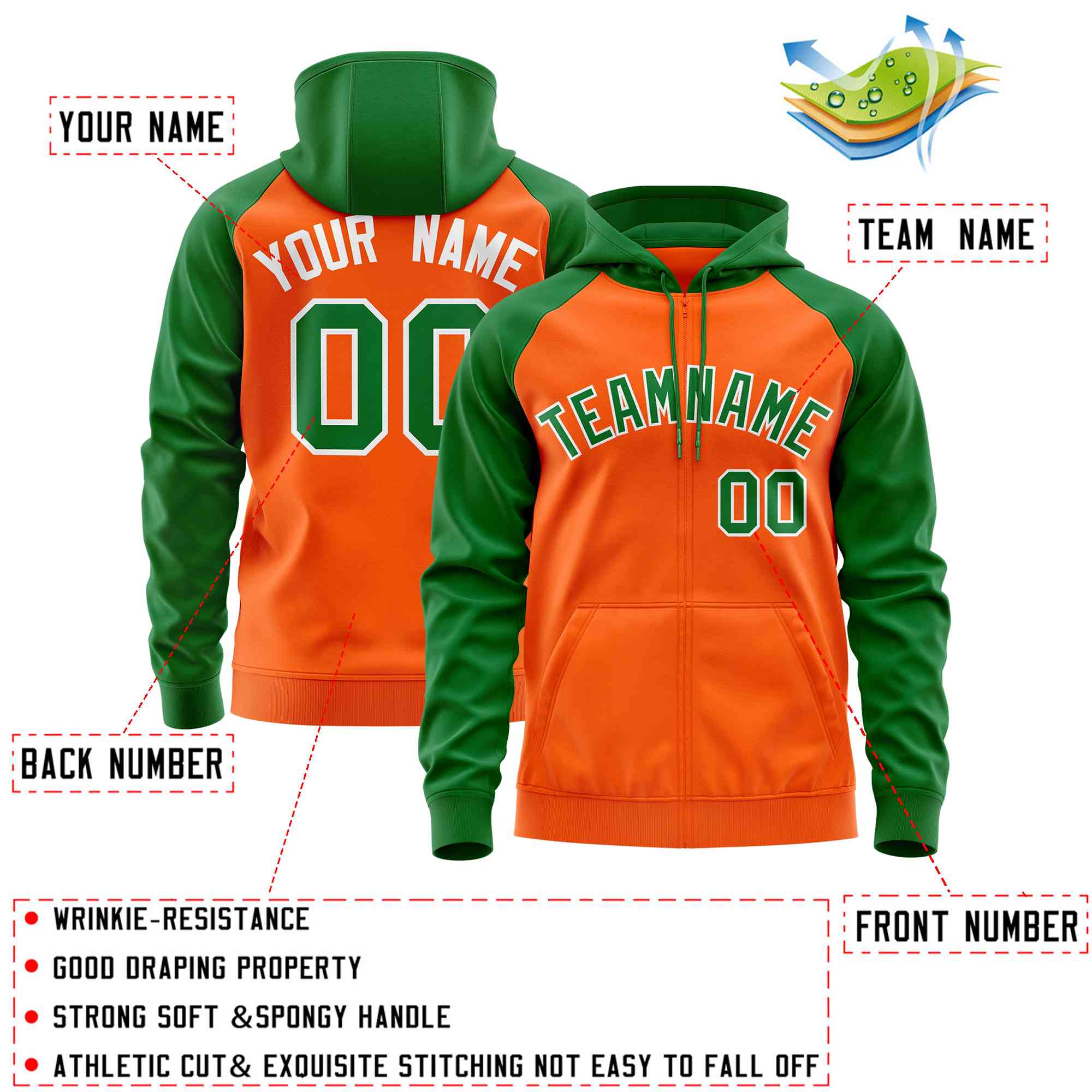 Custom Stitched Orange Kelly Green Raglan Sleeves Sports Full-Zip Sweatshirt Hoodie