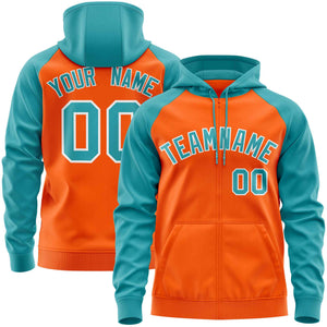 Custom Stitched Orange Aqua Raglan Sleeves Sports Full-Zip Sweatshirt Hoodie