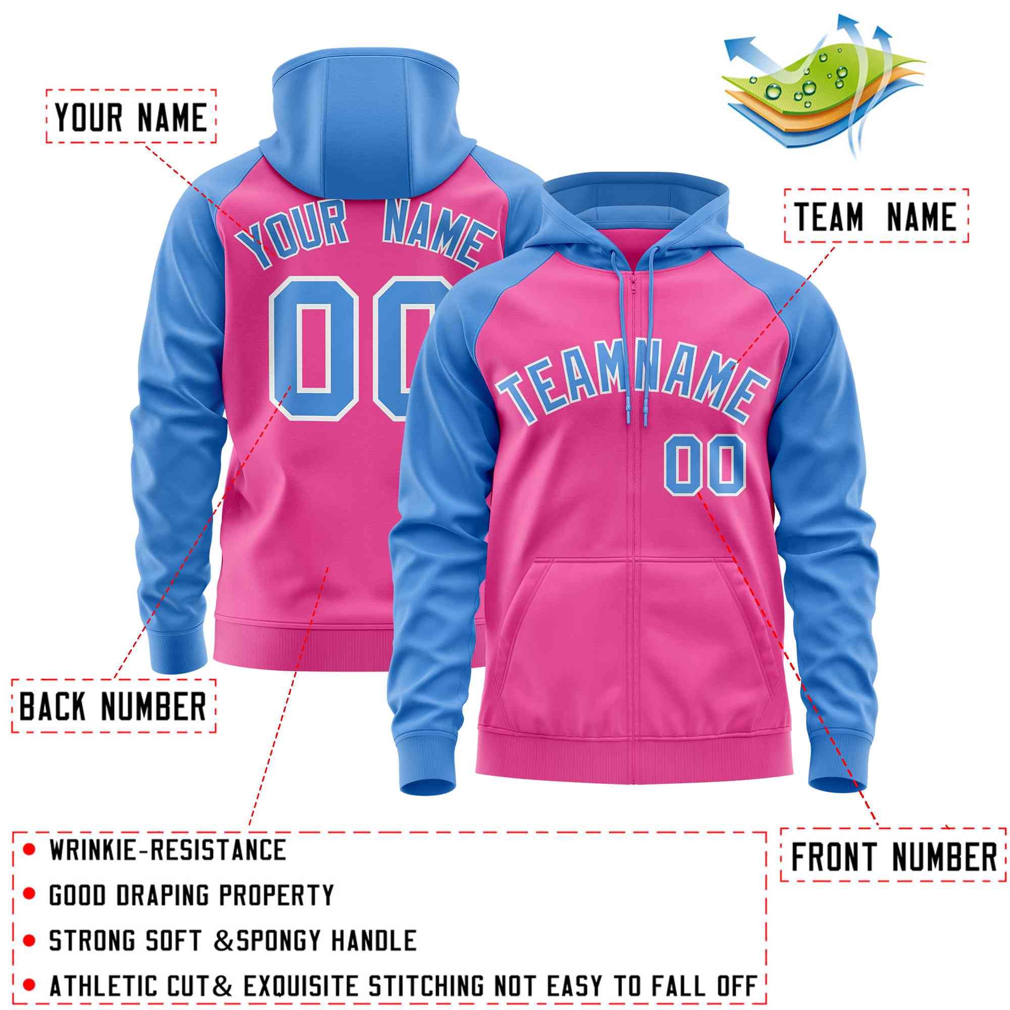 Custom Stitched Pink Powder Blue Raglan Sleeves Sports Full-Zip Sweatshirt Hoodie