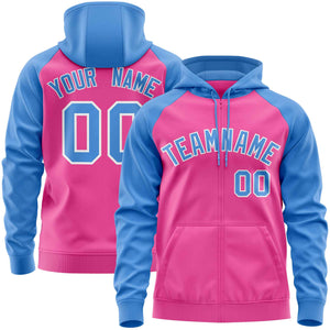 Custom Stitched Pink Powder Blue Raglan Sleeves Sports Full-Zip Sweatshirt Hoodie