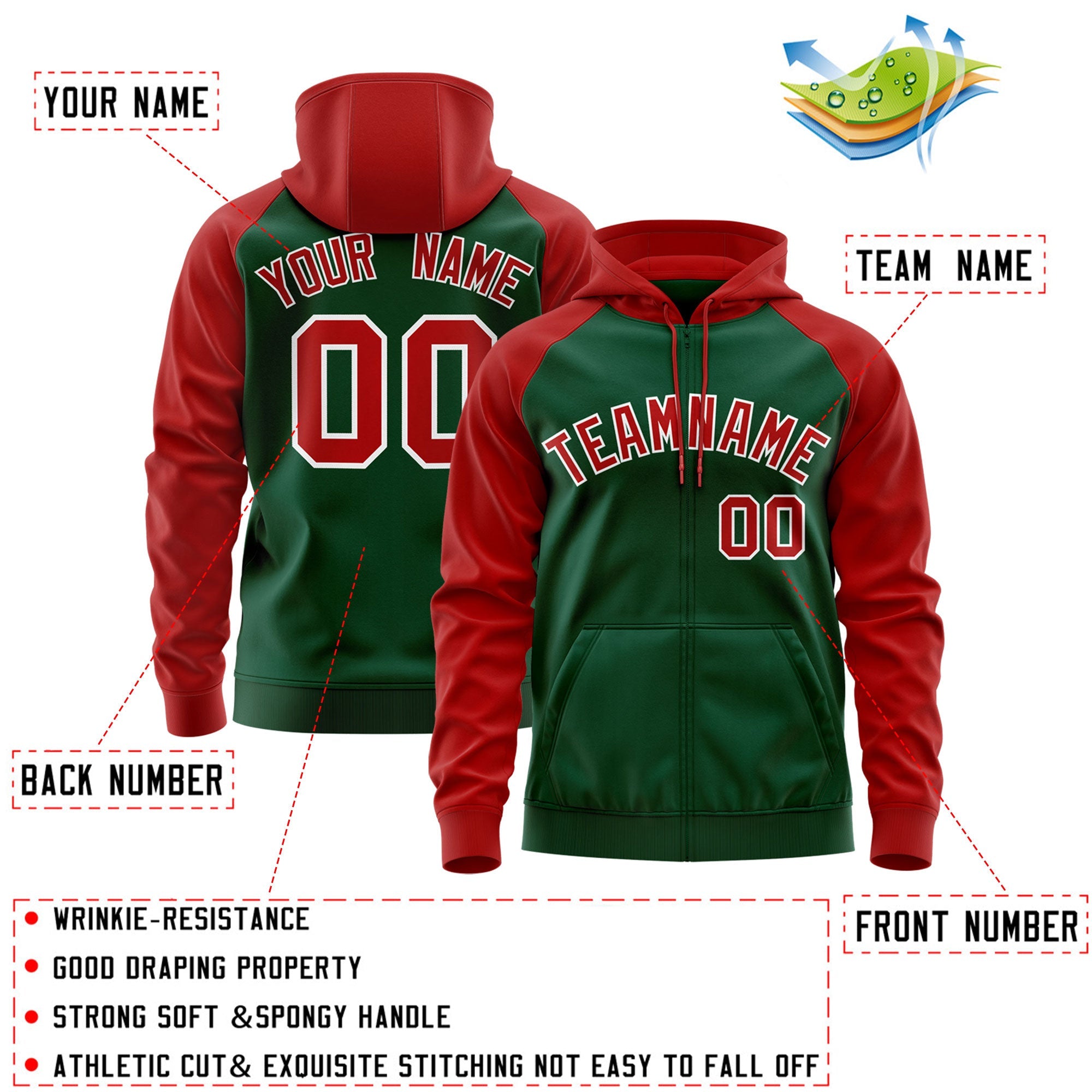 Custom Stitched Green Red-White Raglan Sleeves Sports Full-Zip Sweatshirt Hoodie