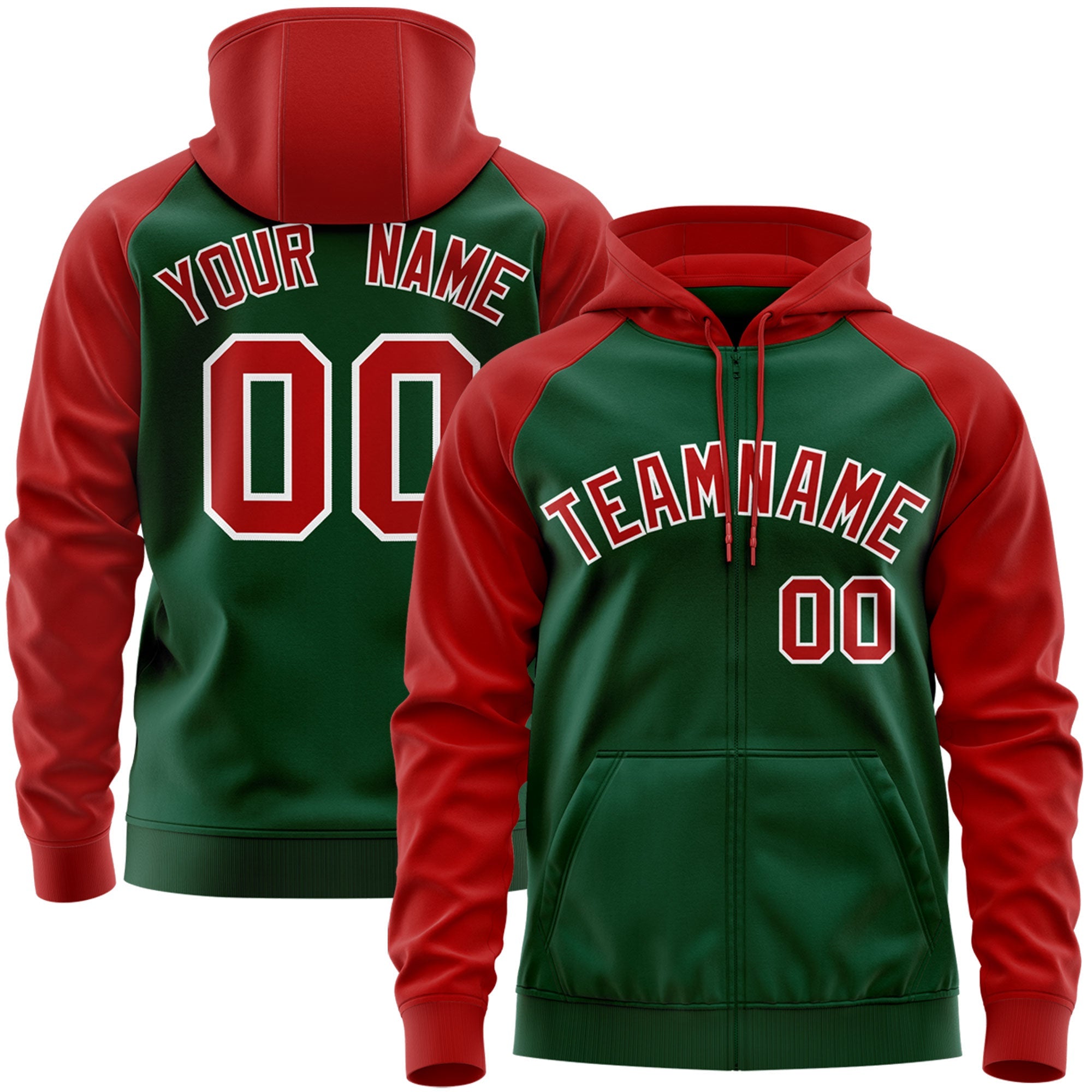 Custom Stitched Green Red-White Raglan Sleeves Sports Full-Zip Sweatshirt Hoodie