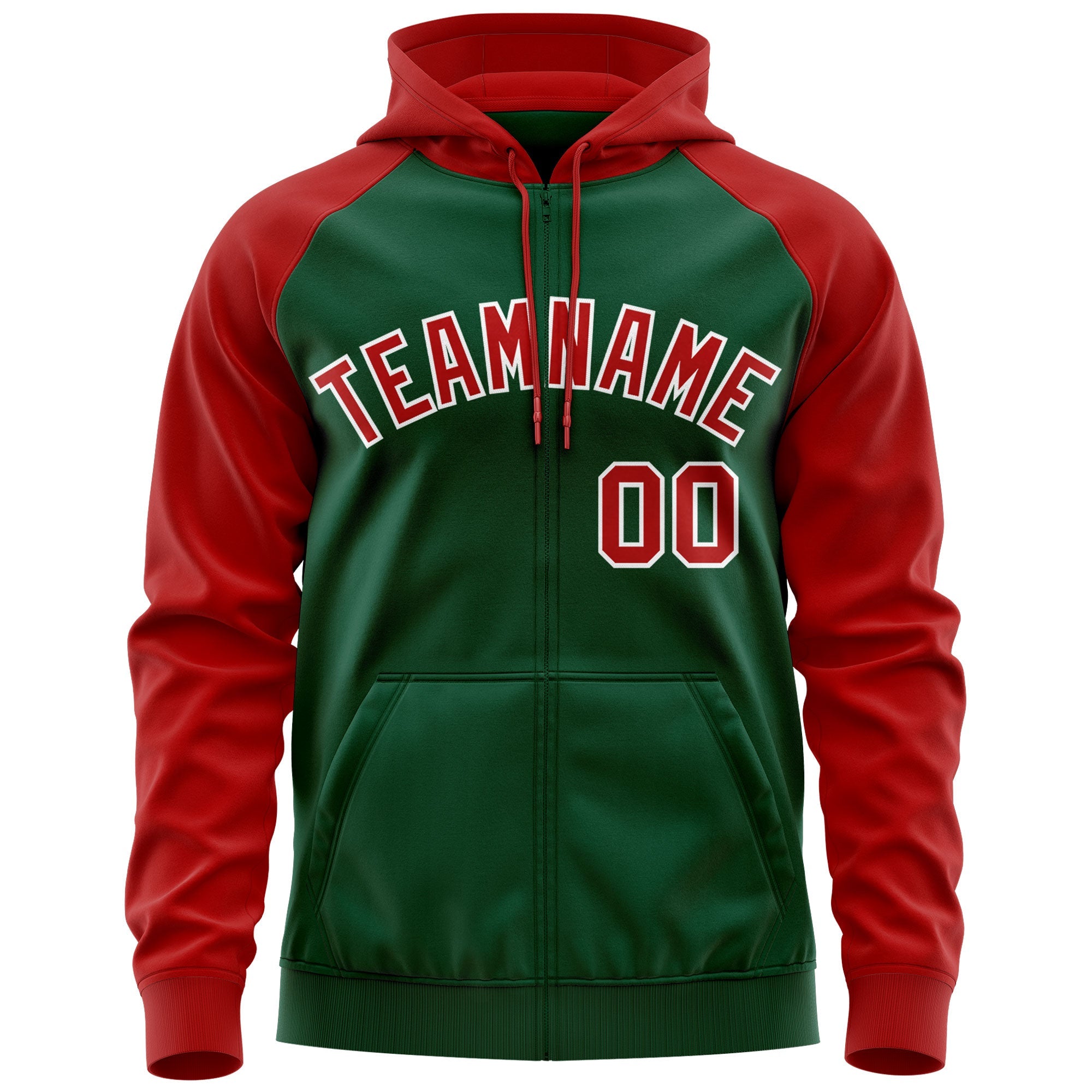 Custom Stitched Green Red-White Raglan Sleeves Sports Full-Zip Sweatshirt Hoodie