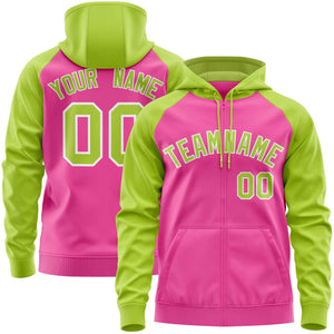 Custom Stitched Pink Neon Green Raglan Sleeves Sports Full-Zip Sweatshirt Hoodie