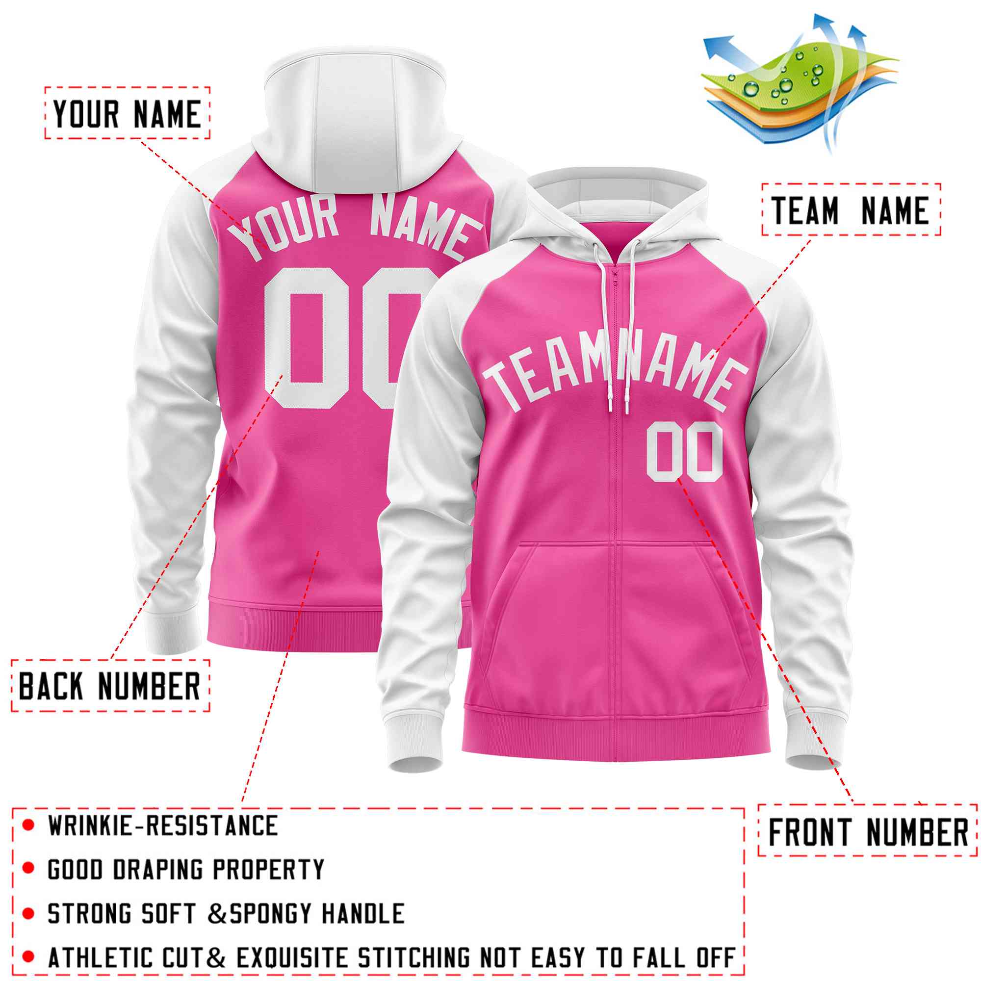 Custom Stitched Pink White Raglan Sleeves Sports Full-Zip Sweatshirt Hoodie