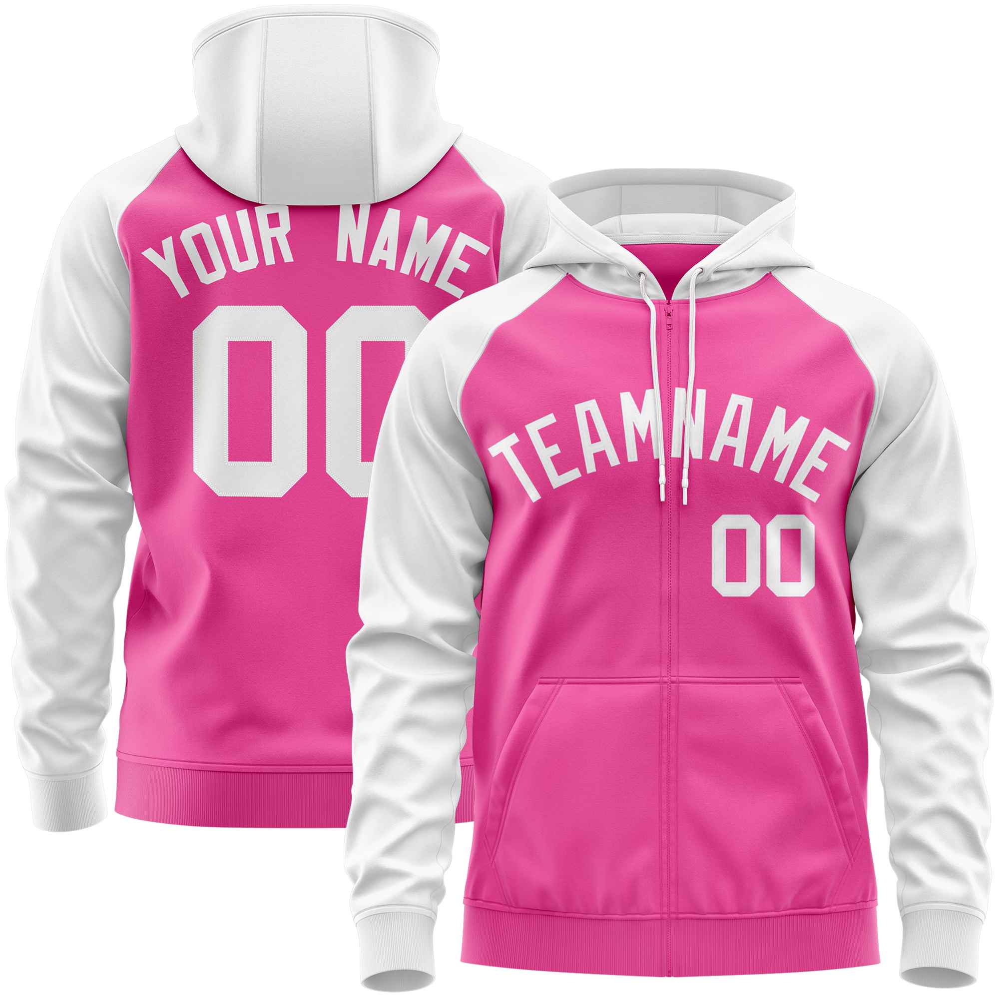 Custom Stitched Pink White Raglan Sleeves Sports Full-Zip Sweatshirt Hoodie