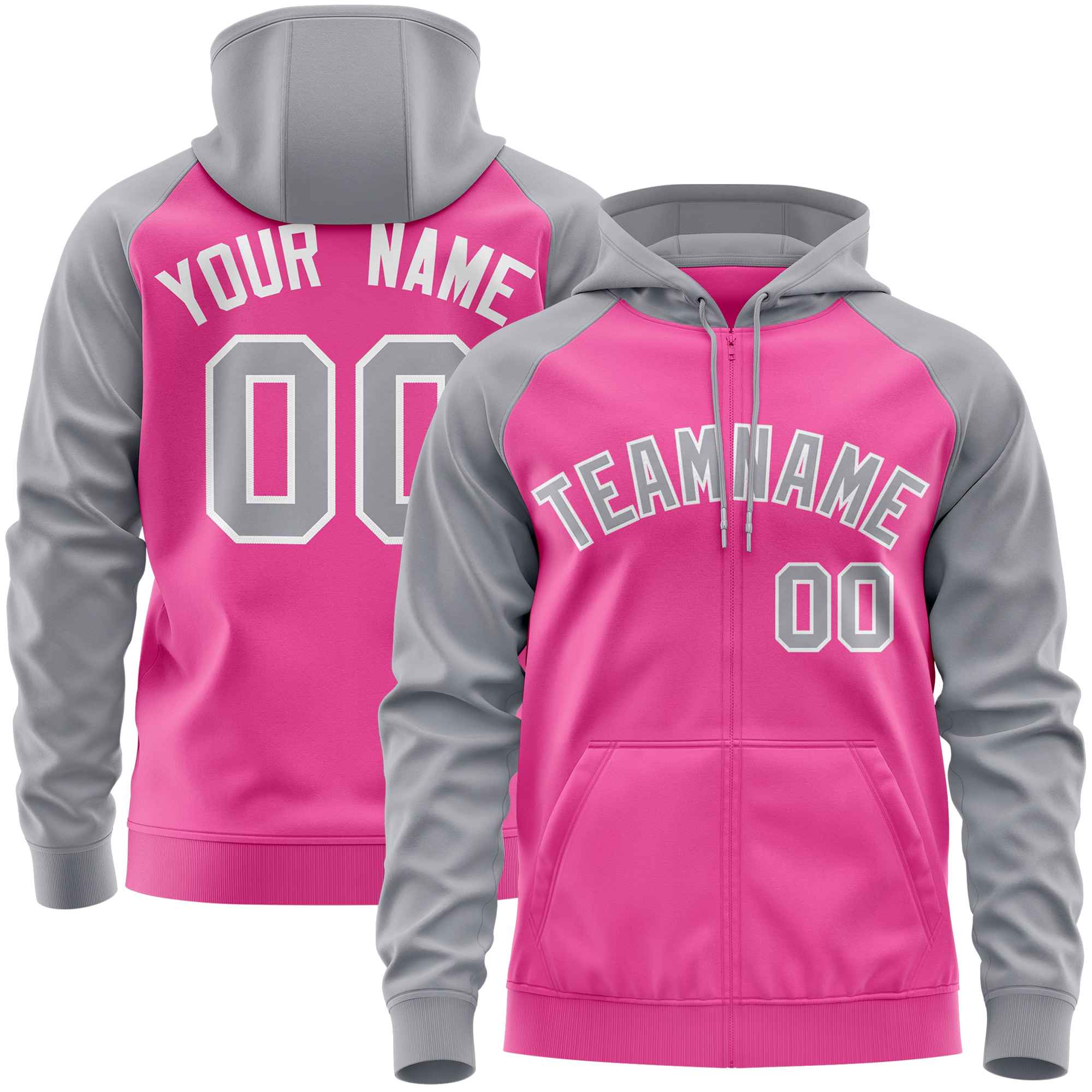 Custom Stitched Pink Light Gray Raglan Sleeves Sports Full-Zip Sweatshirt Hoodie