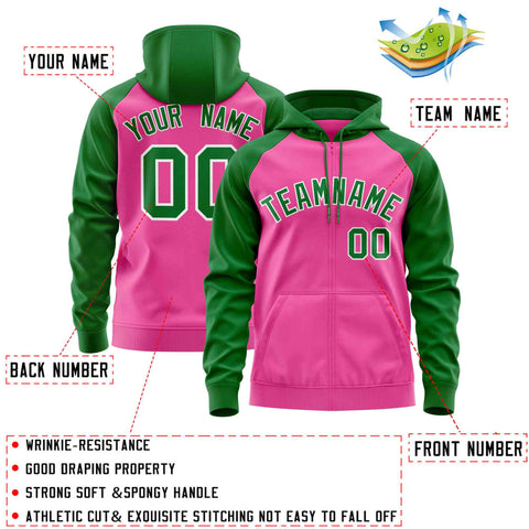 Custom Stitched Pink Kelly Green Raglan Sleeves Sports Full-Zip Sweatshirt Hoodie