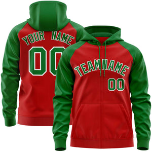 Custom Stitched Red Kelly Green Raglan Sleeves Sports Full-Zip Sweatshirt Hoodie