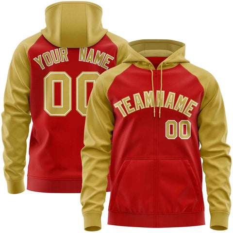 Custom Stitched Red Old Gold Raglan Sleeves Sports Full-Zip Sweatshirt Hoodie