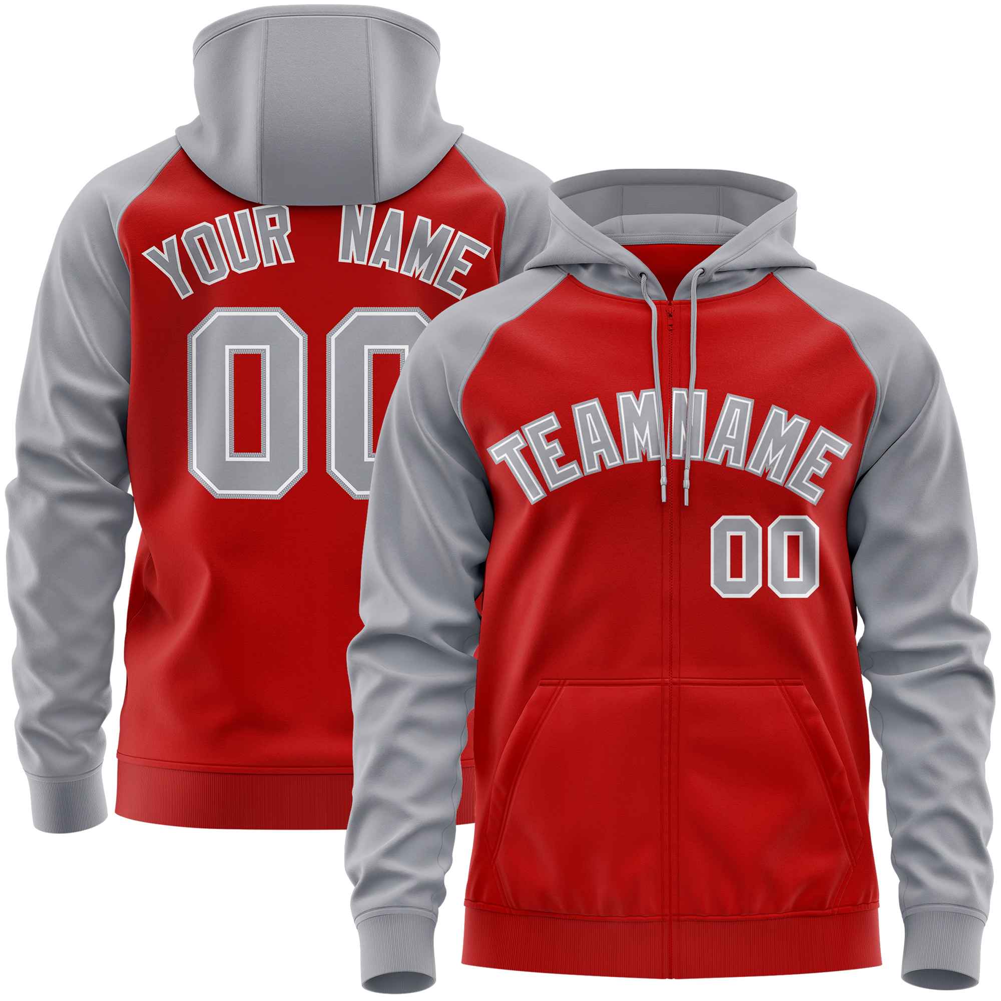 Custom Stitched Red Light Gray Raglan Sleeves Sports Full-Zip Sweatshirt Hoodie