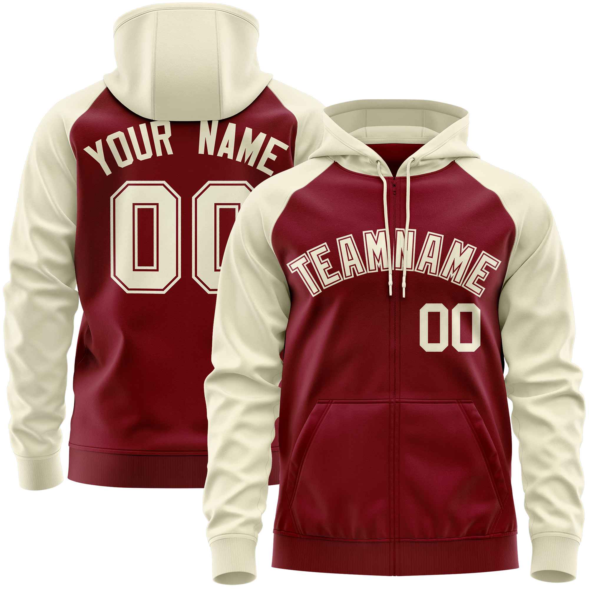 Custom Stitched Crimson Cream Raglan Sleeves Sports Full-Zip Sweatshirt Hoodie