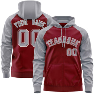 Custom Stitched Crimson Light Gray Raglan Sleeves Sports Full-Zip Sweatshirt Hoodie