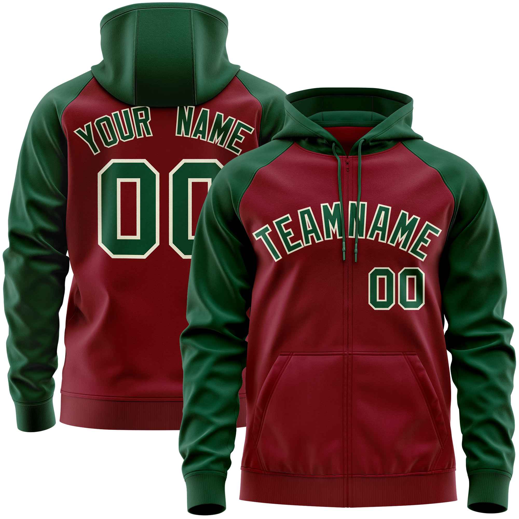 Custom Stitched Crimson Green Raglan Sleeves Sports Full-Zip Sweatshirt Hoodie