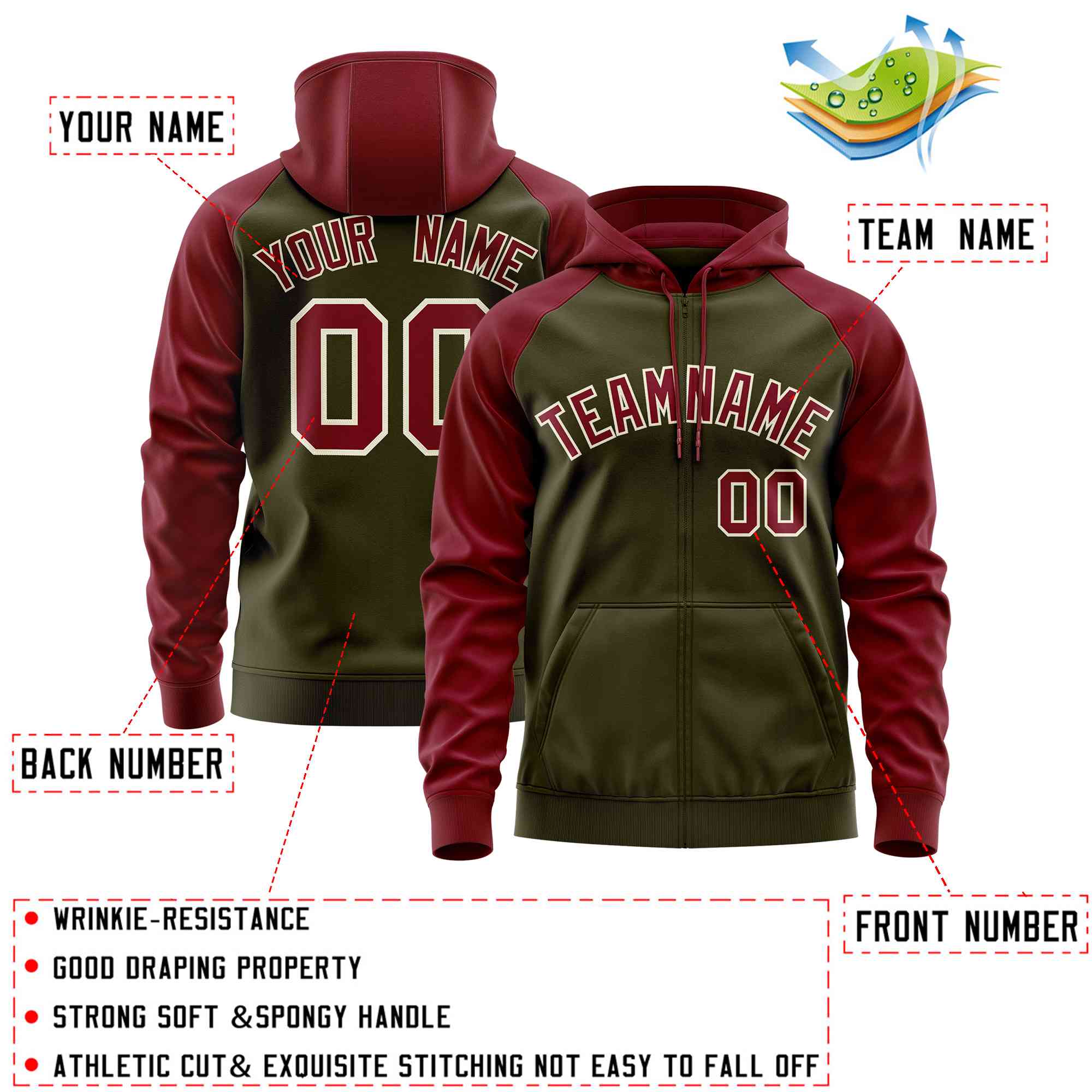 Custom Stitched Olive Crimson Raglan Sleeves Sports Full-Zip Sweatshirt Hoodie