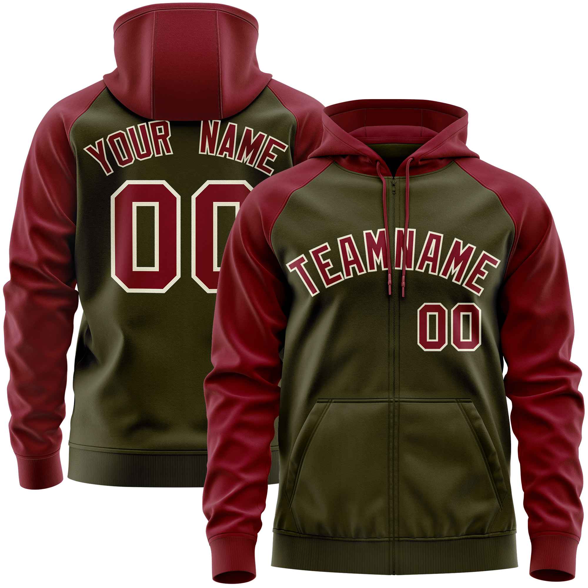 Custom Stitched Olive Crimson Raglan Sleeves Sports Full-Zip Sweatshirt Hoodie