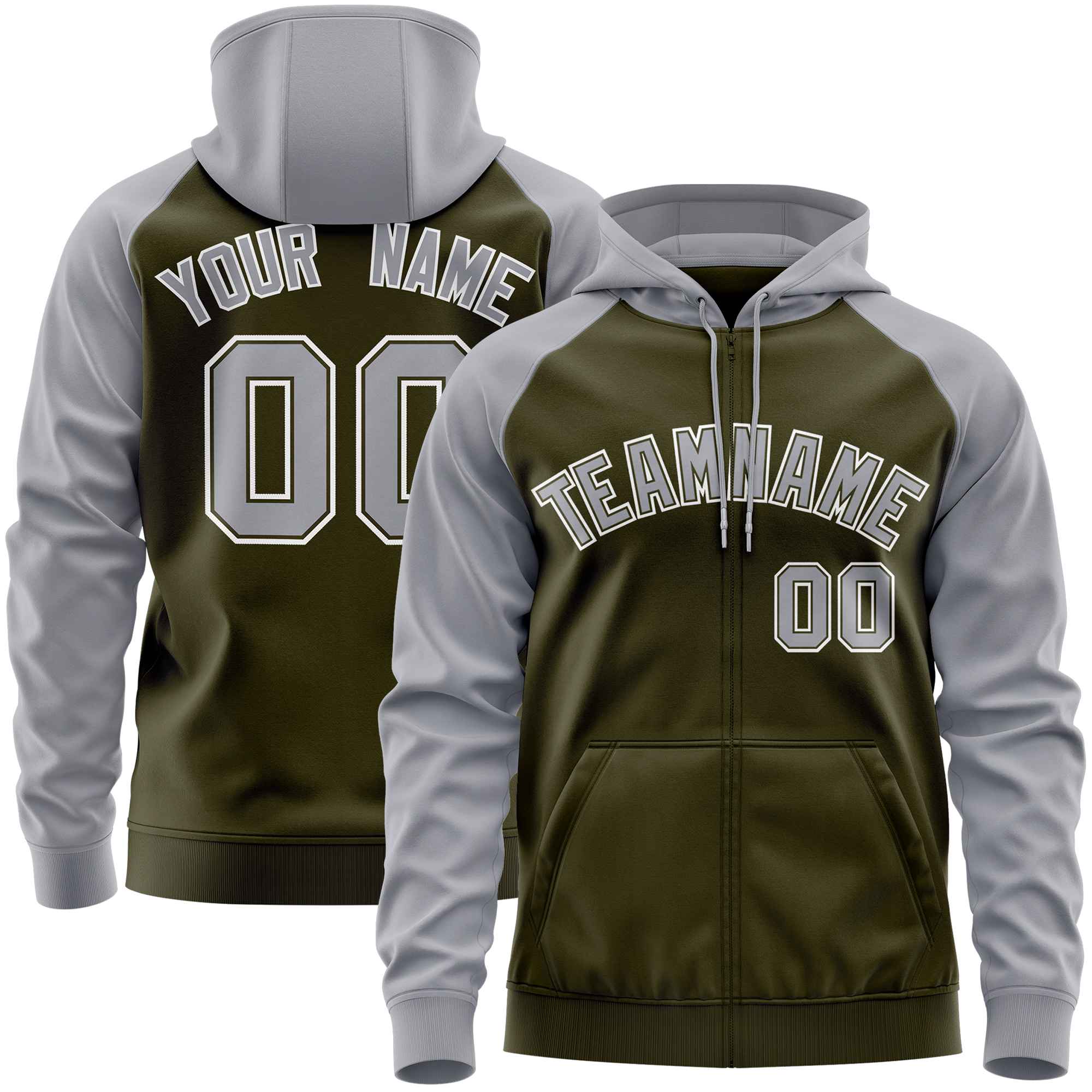 Custom Stitched Olive Light Gray Raglan Sleeves Sports Full-Zip Sweatshirt Hoodie