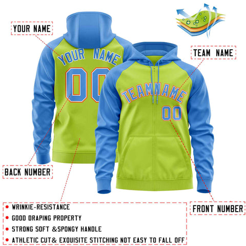 Custom Stitched Neon Green Powder Blue Raglan Sleeves Sports Full-Zip Sweatshirt Hoodie