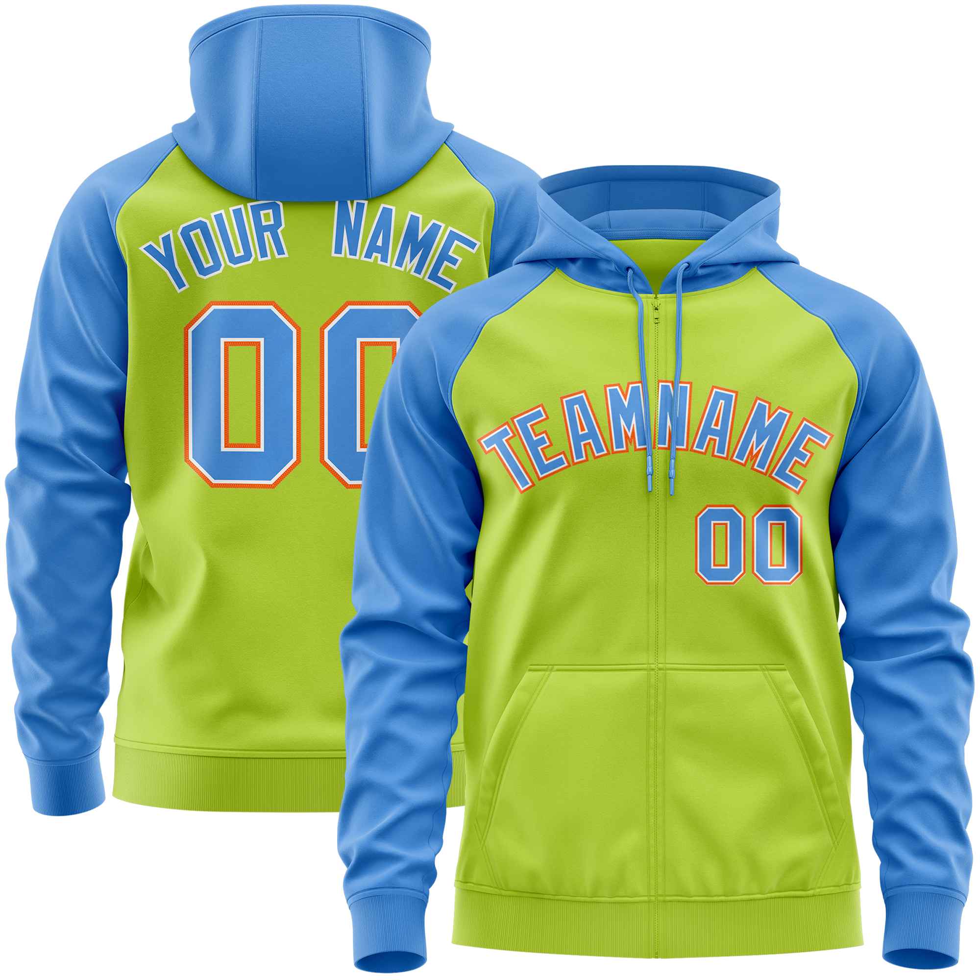 Custom Stitched Neon Green Powder Blue Raglan Sleeves Sports Full-Zip Sweatshirt Hoodie