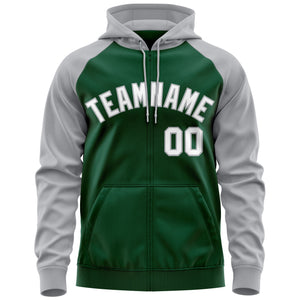 Custom Stitched Green White-Gray Raglan Sleeves Sports Full-Zip Sweatshirt Hoodie