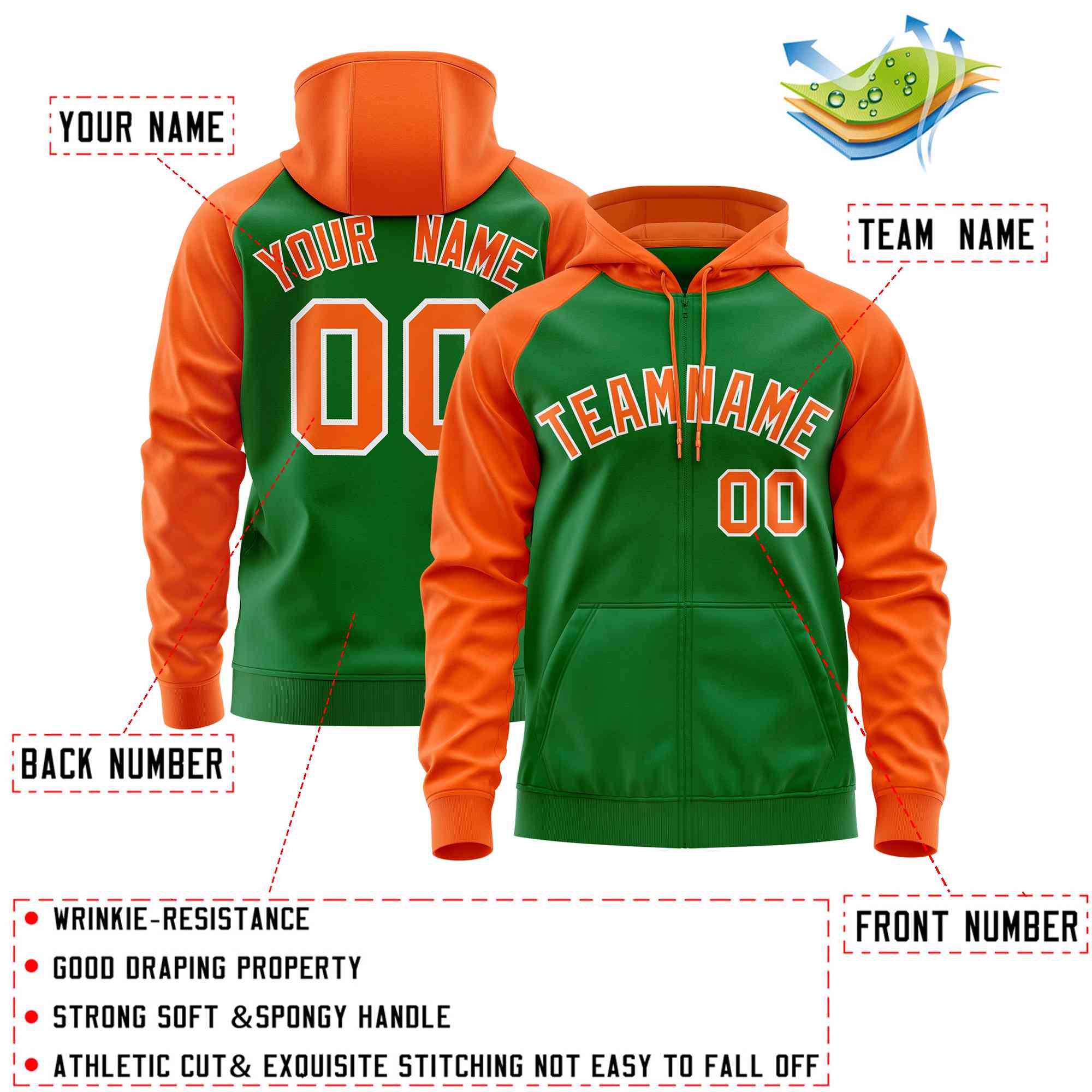 Custom Stitched Kelly Green Orange Raglan Sleeves Sports Full-Zip Sweatshirt Hoodie