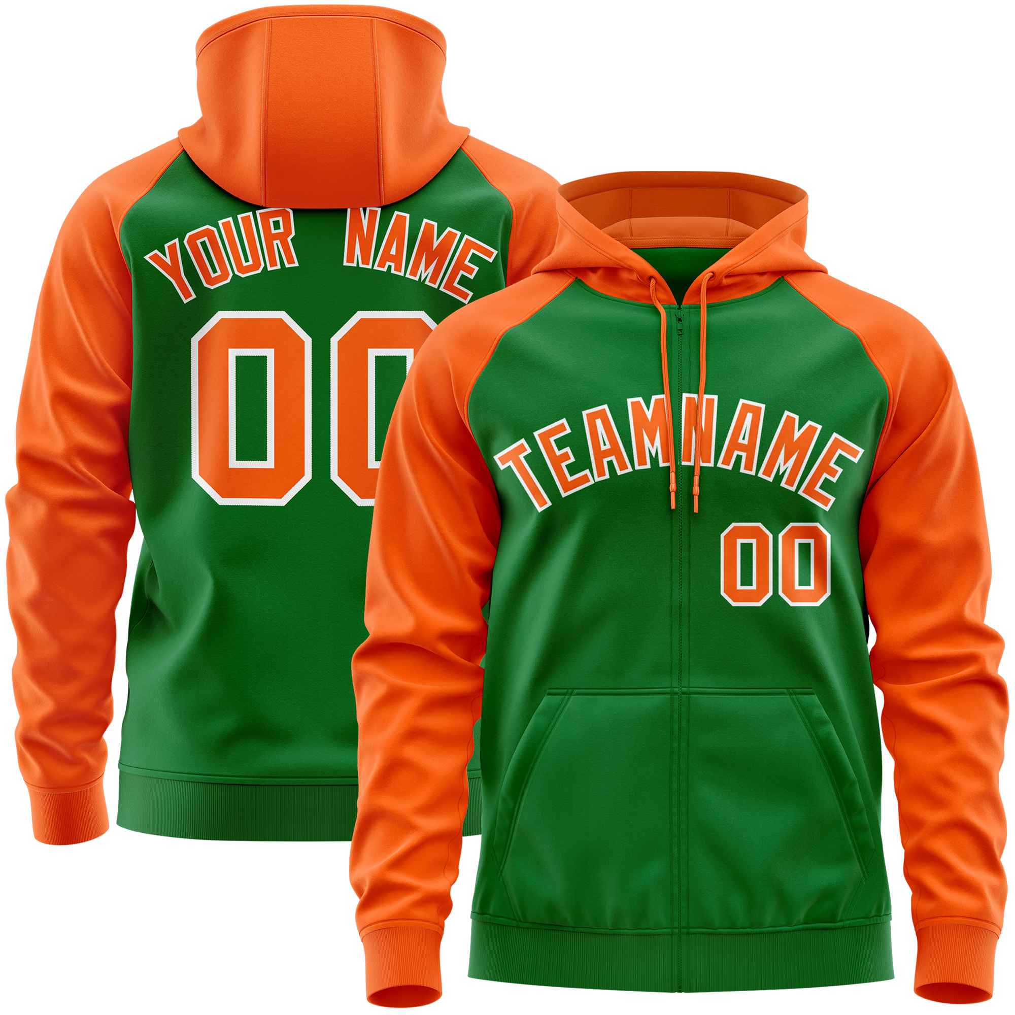 Custom Stitched Kelly Green Orange Raglan Sleeves Sports Full-Zip Sweatshirt Hoodie