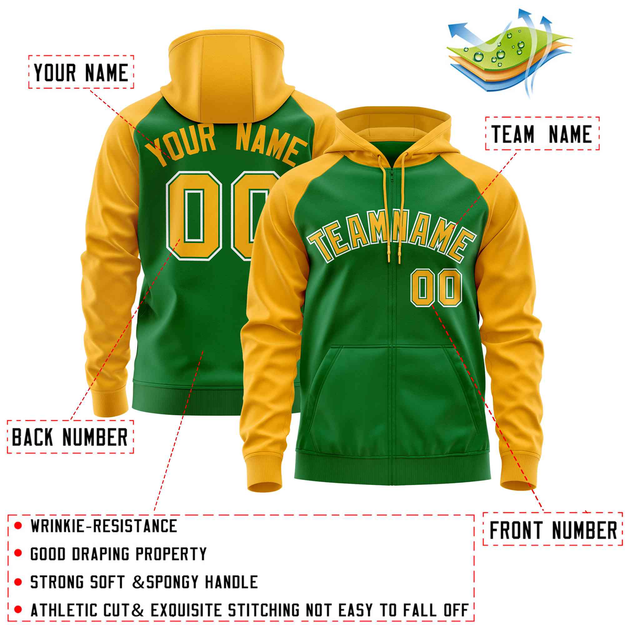 Custom Stitched Kelly Green Gold Raglan Sleeves Sports Full-Zip Sweatshirt Hoodie