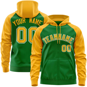 Custom Stitched Kelly Green Gold Raglan Sleeves Sports Full-Zip Sweatshirt Hoodie