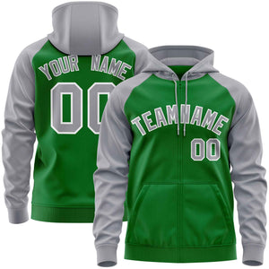 Custom Stitched Kelly Green Light Gray Raglan Sleeves Sports Full-Zip Sweatshirt Hoodie