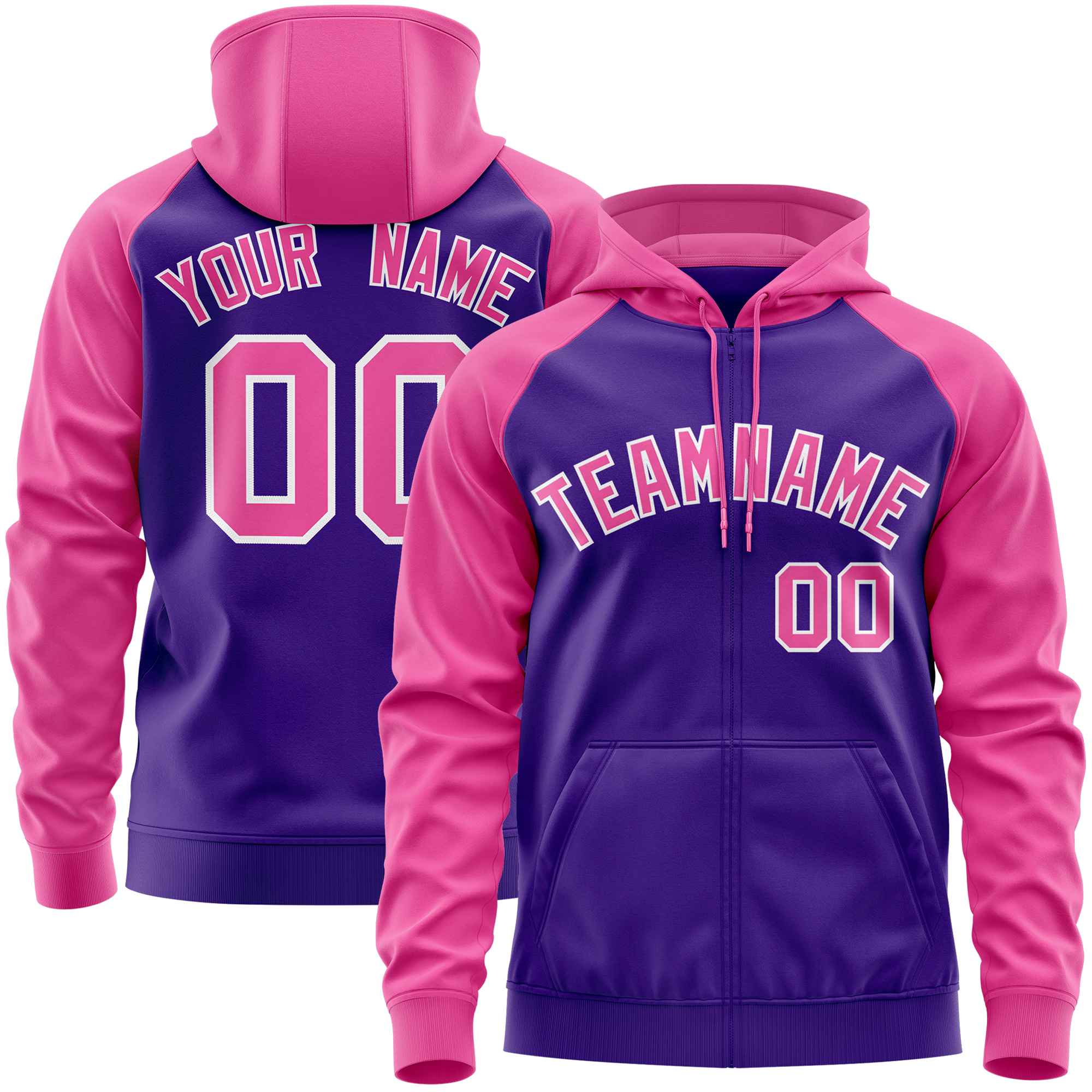 Custom Stitched Purple Pink Raglan Sleeves Sports Full-Zip Sweatshirt Hoodie