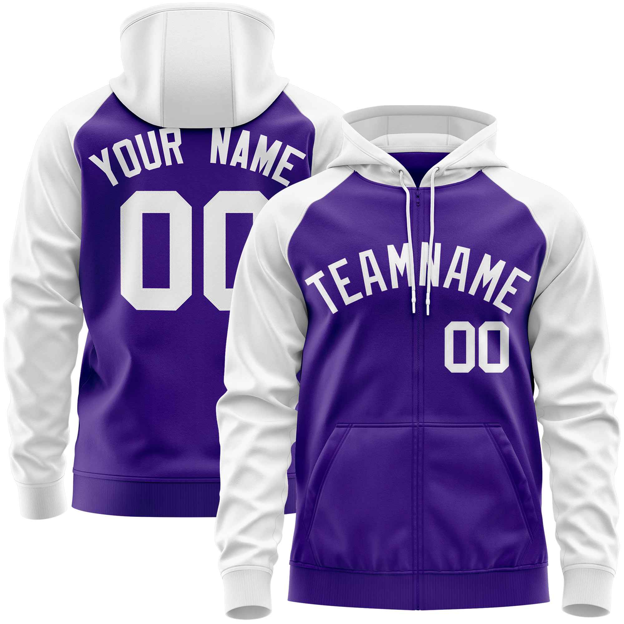 Custom Stitched Purple White Raglan Sleeves Sports Full-Zip Sweatshirt Hoodie