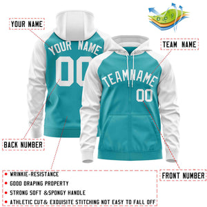 Custom Stitched Aqua White Raglan Sleeves Sports Full-Zip Sweatshirt Hoodie