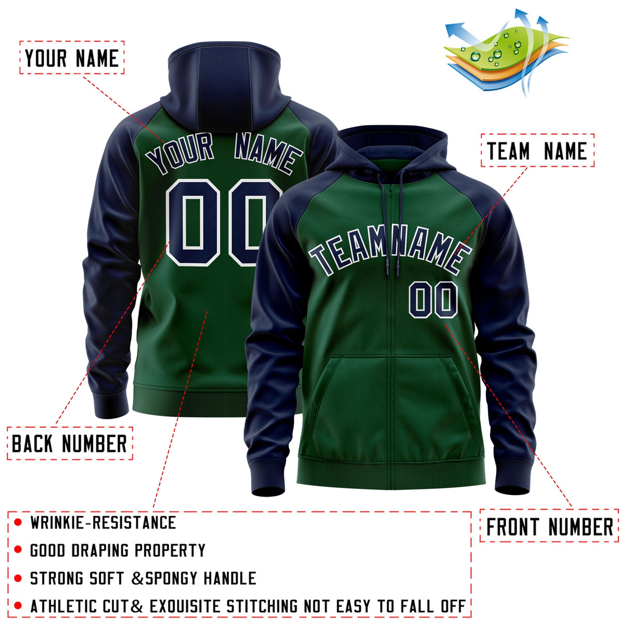 Custom Stitched Green Navy-White Raglan Sleeves Sports Full-Zip Sweatshirt Hoodie