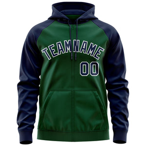 Custom Stitched Green Navy-White Raglan Sleeves Sports Full-Zip Sweatshirt Hoodie