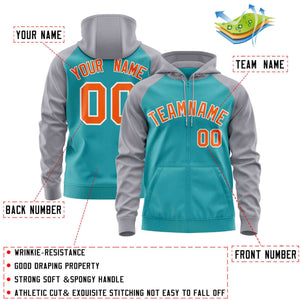 Custom Stitched Aqua Light Gray-Orange Raglan Sleeves Sports Full-Zip Sweatshirt Hoodie