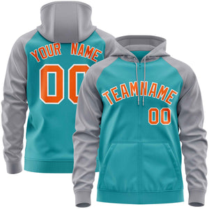 Custom Stitched Aqua Light Gray-Orange Raglan Sleeves Sports Full-Zip Sweatshirt Hoodie