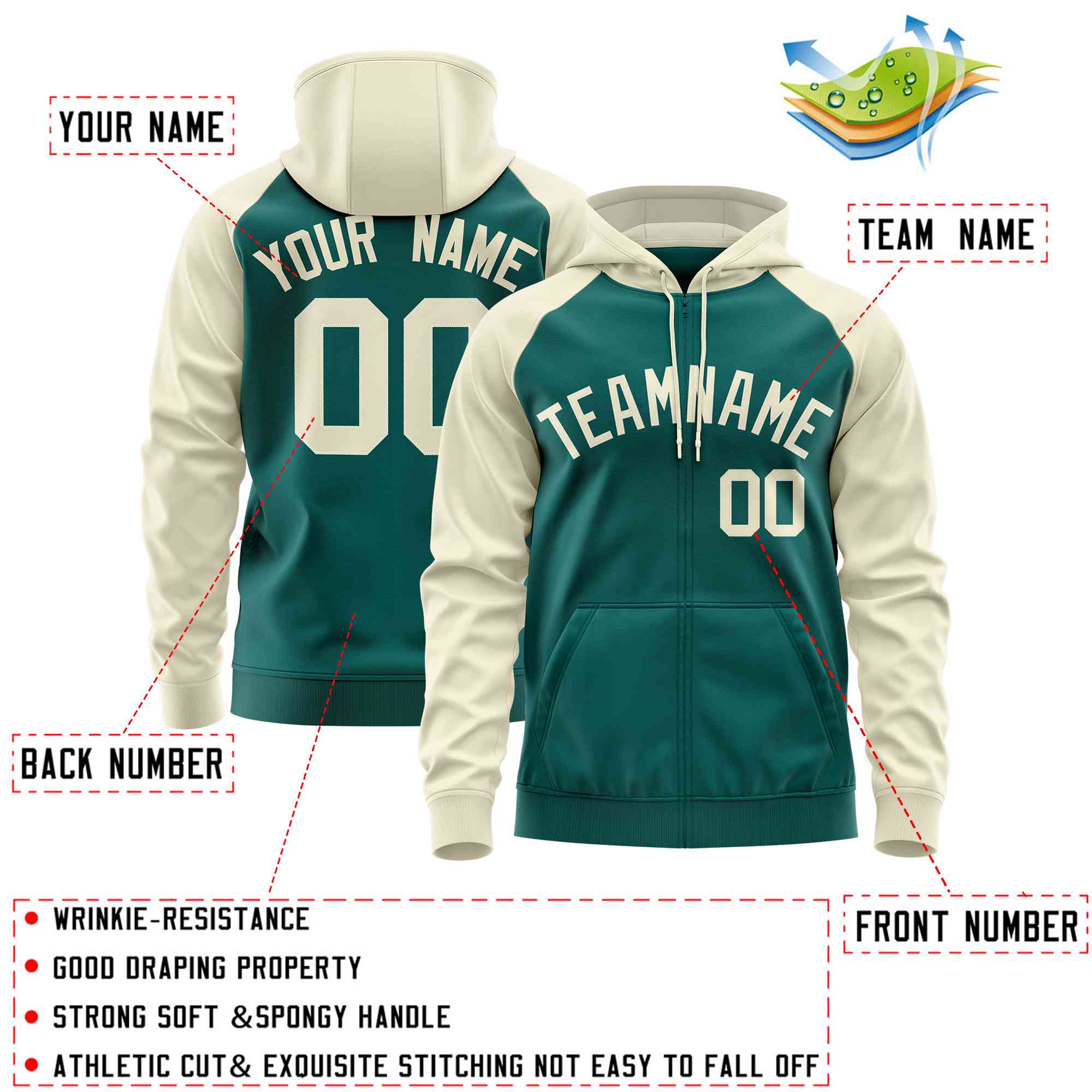 Custom Stitched Aqua Cream Raglan Sleeves Sports Full-Zip Sweatshirt Hoodie