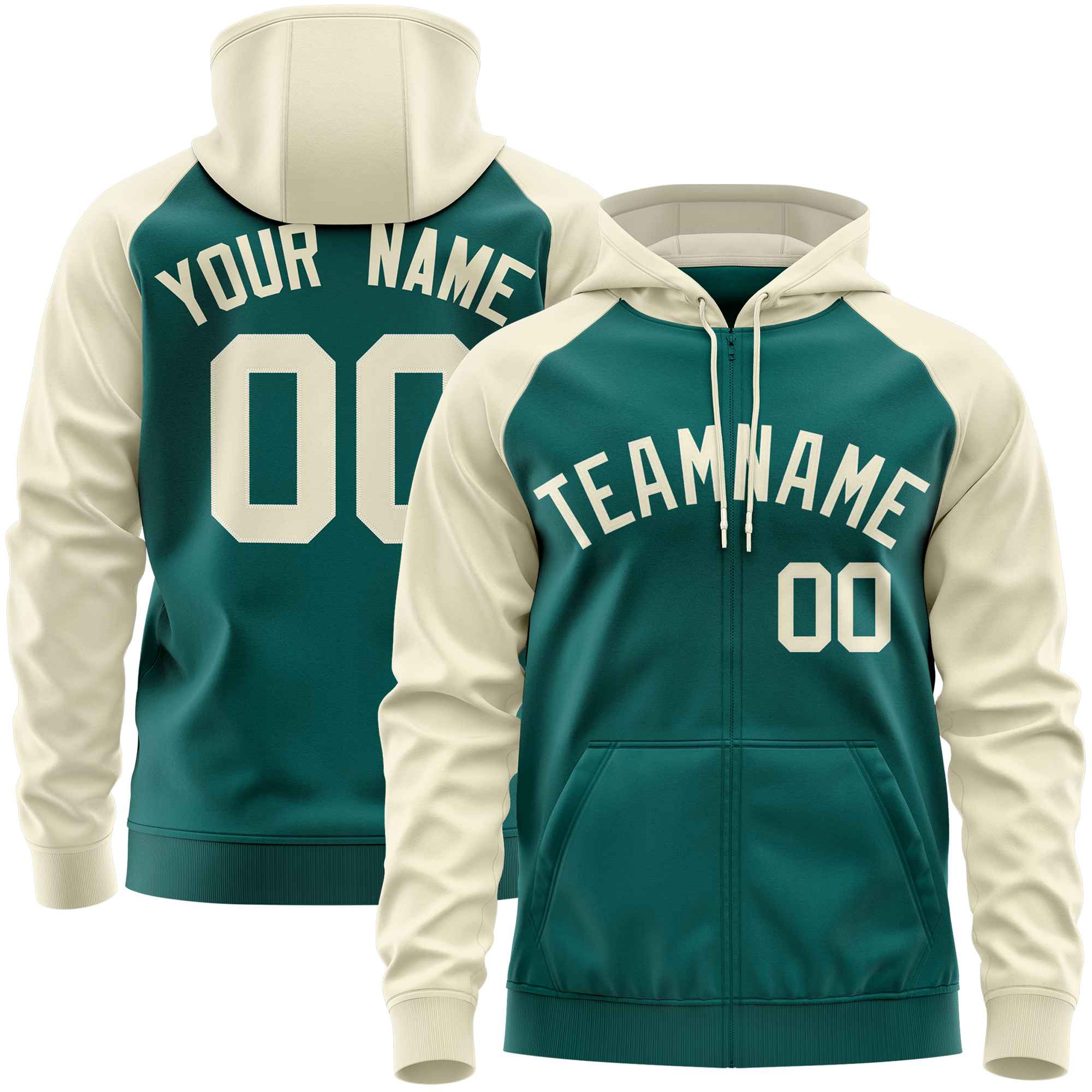 Custom Stitched Aqua Cream Raglan Sleeves Sports Full-Zip Sweatshirt Hoodie