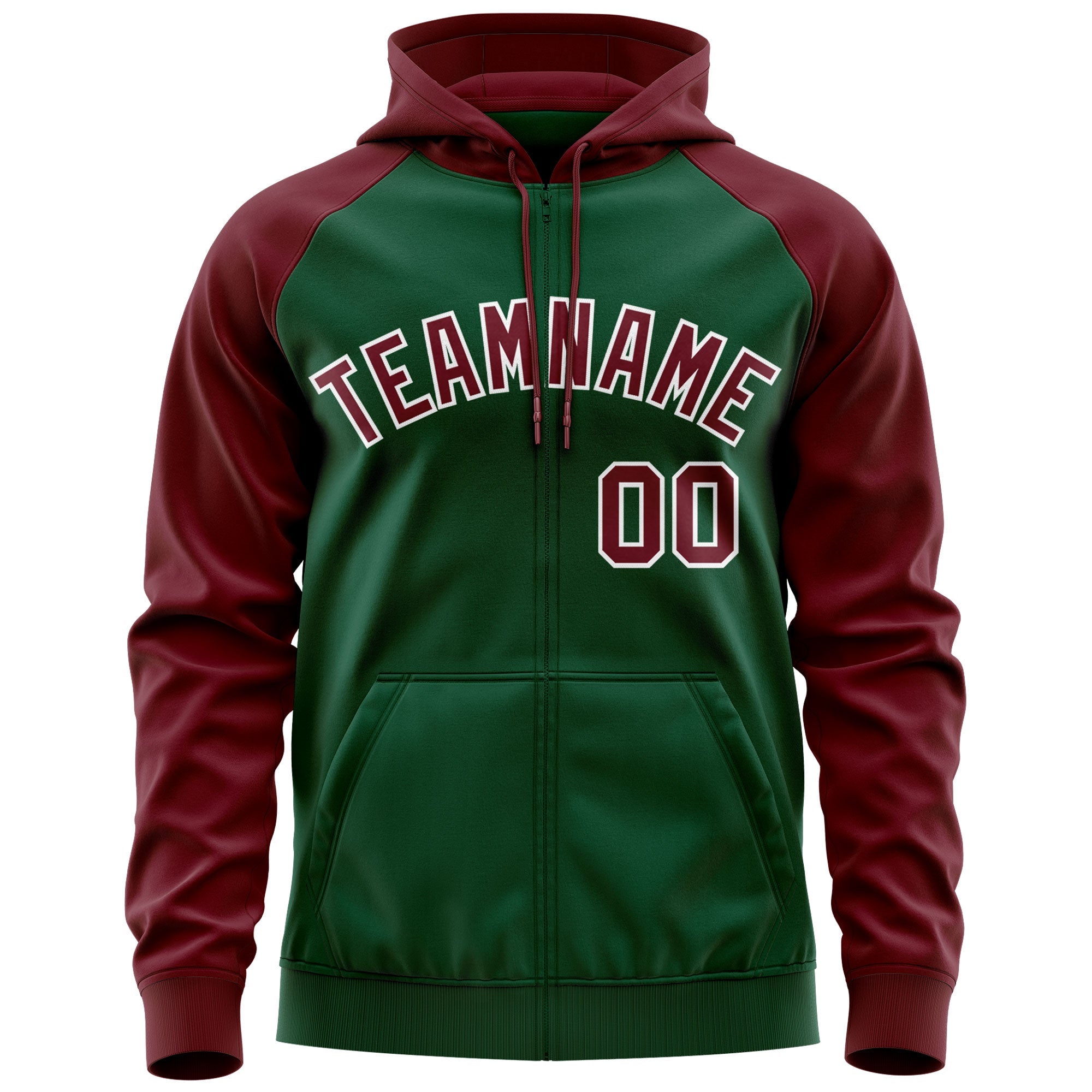 Custom Stitched Green Crimson-White Raglan Sleeves Sports Full-Zip Sweatshirt Hoodie