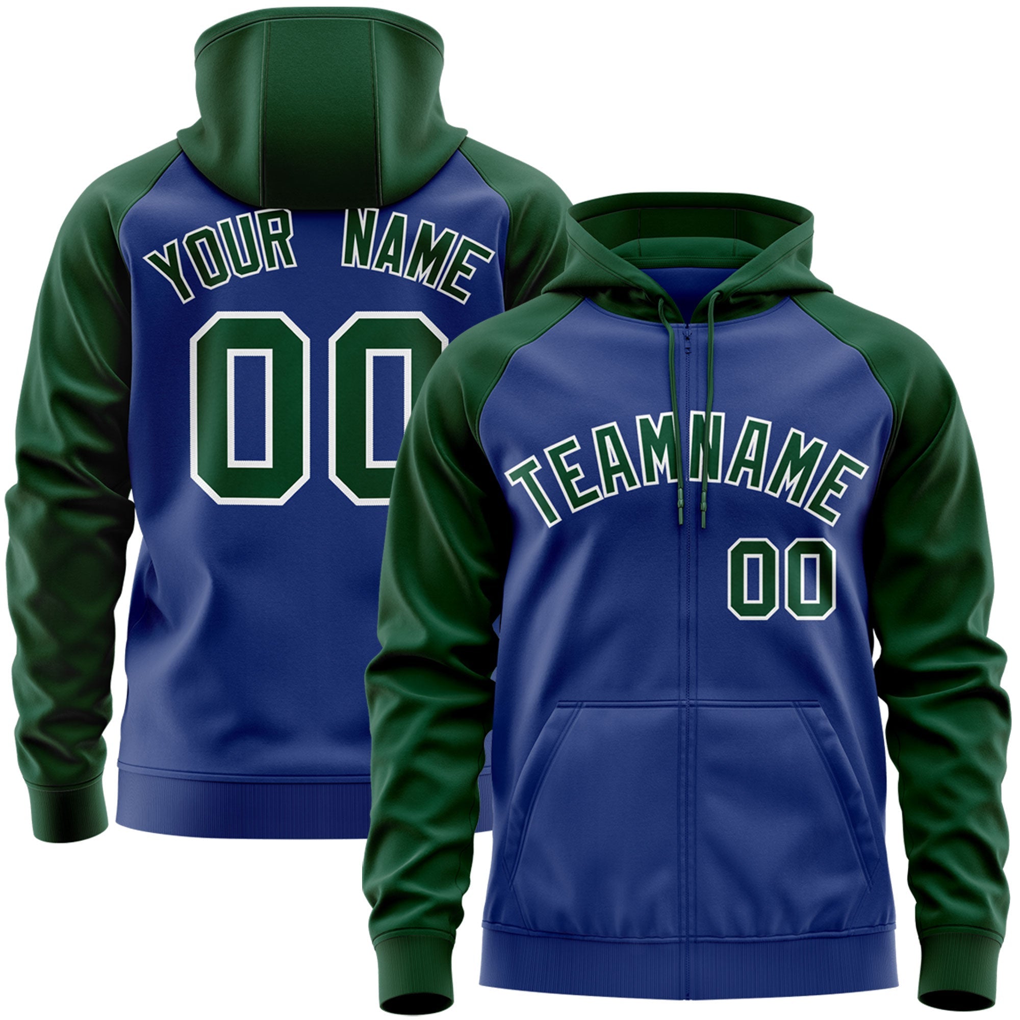 Custom Stitched Royal Green-White Raglan Sleeves Sports Full-Zip Sweatshirt Hoodie