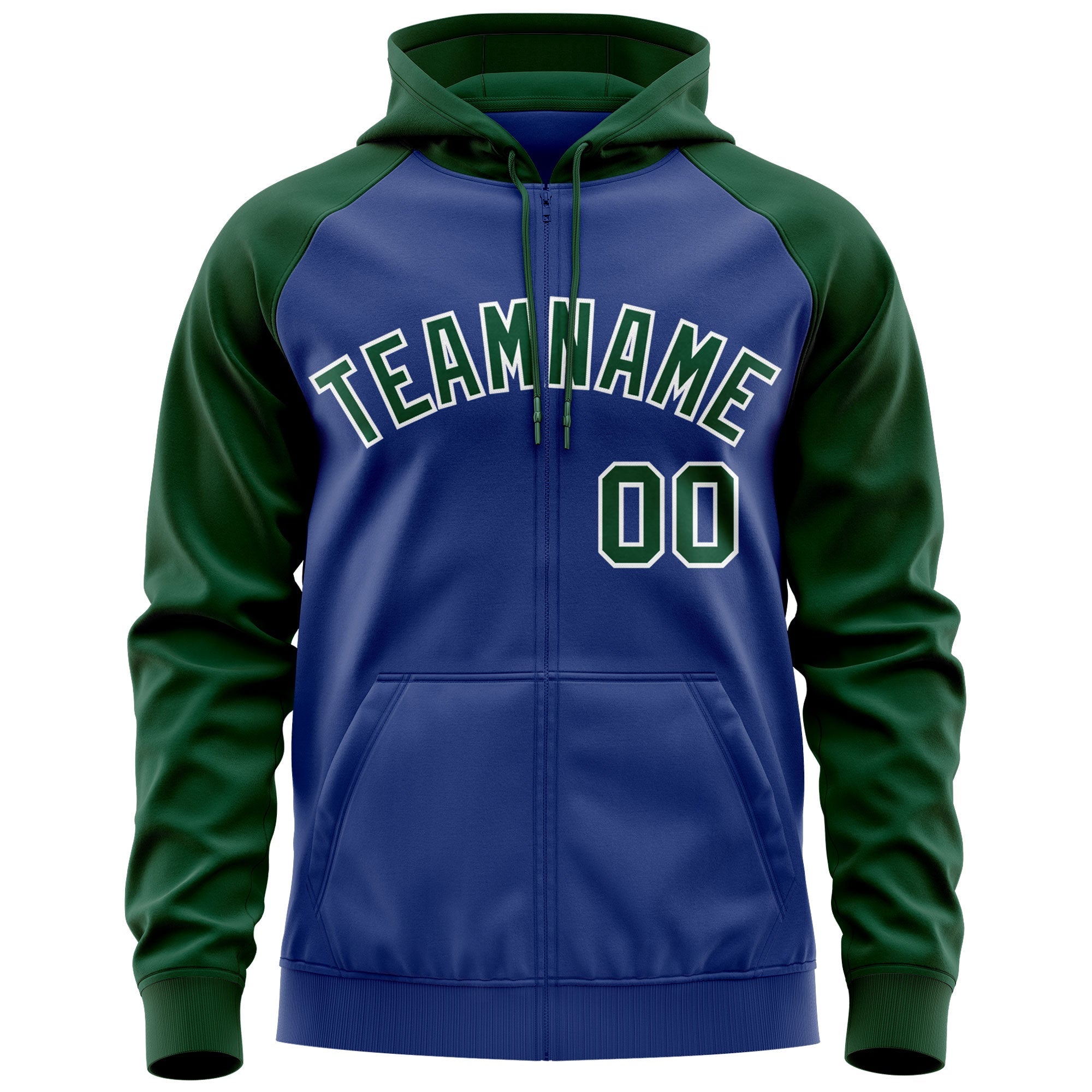 Custom Stitched Royal Green-White Raglan Sleeves Sports Full-Zip Sweatshirt Hoodie