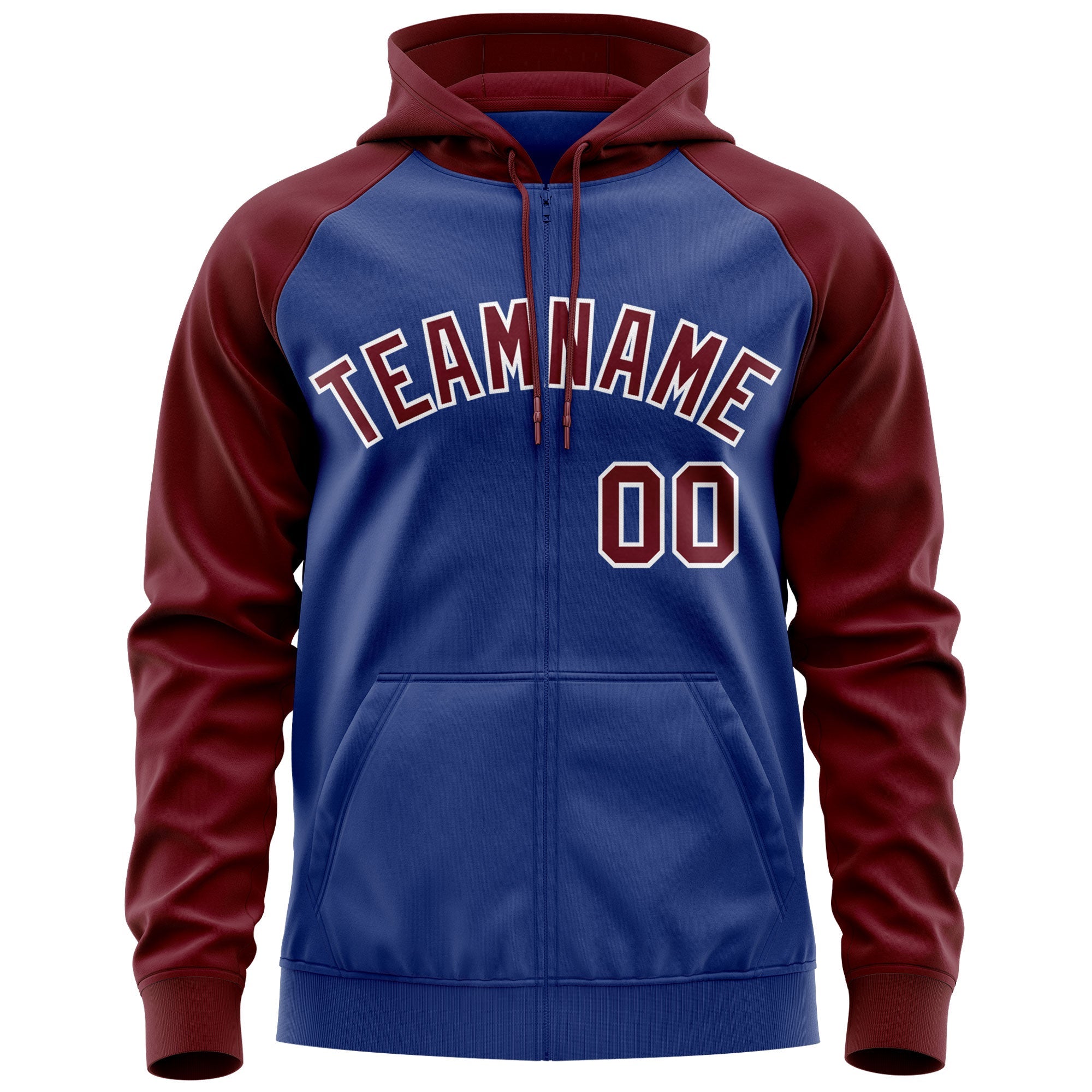 Custom Stitched Royal Crimson-White Raglan Sleeves Sports Full-Zip Sweatshirt Hoodie