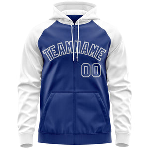 Custom Stitched Royal White-Gray Raglan Sleeves Sports Full-Zip Sweatshirt Hoodie