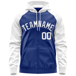 Custom Stitched Royal White Raglan Sleeves Sports Full-Zip Sweatshirt Hoodie